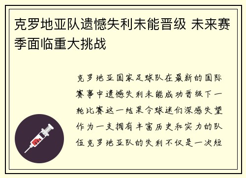 克罗地亚队遗憾失利未能晋级 未来赛季面临重大挑战