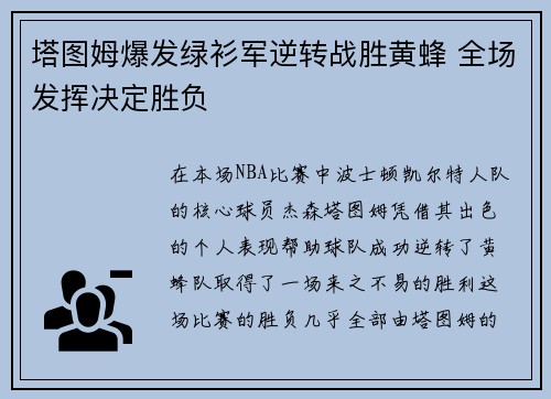 塔图姆爆发绿衫军逆转战胜黄蜂 全场发挥决定胜负