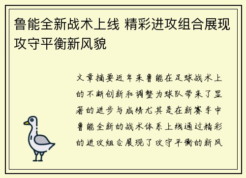 鲁能全新战术上线 精彩进攻组合展现攻守平衡新风貌