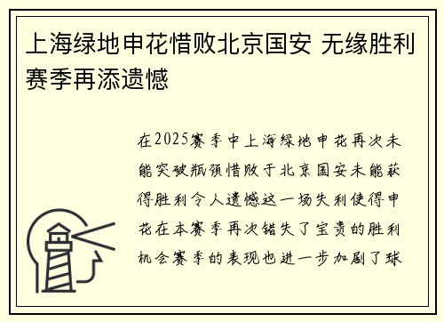 上海绿地申花惜败北京国安 无缘胜利赛季再添遗憾