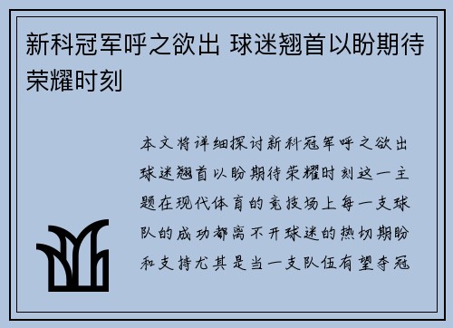 新科冠军呼之欲出 球迷翘首以盼期待荣耀时刻