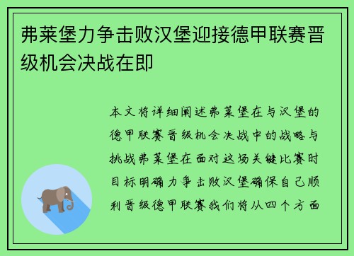 弗莱堡力争击败汉堡迎接德甲联赛晋级机会决战在即