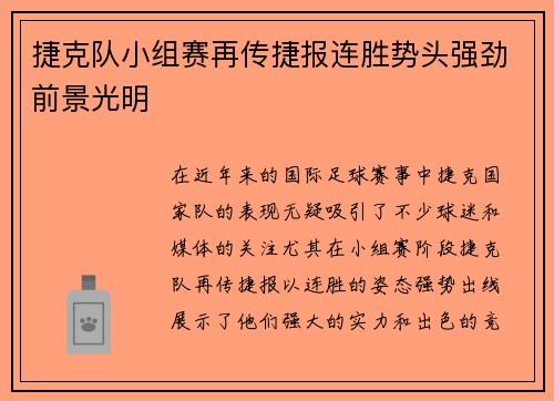 捷克队小组赛再传捷报连胜势头强劲前景光明