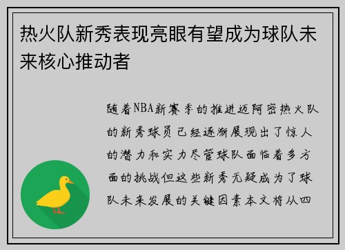 热火队新秀表现亮眼有望成为球队未来核心推动者