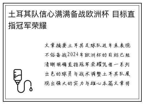 土耳其队信心满满备战欧洲杯 目标直指冠军荣耀