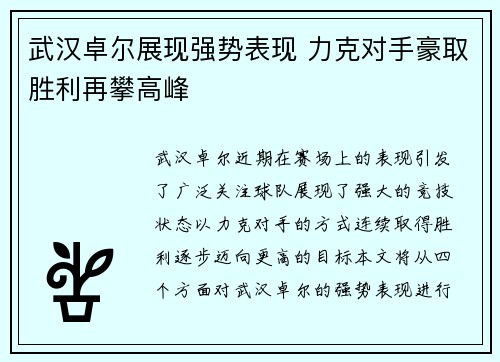 武汉卓尔展现强势表现 力克对手豪取胜利再攀高峰