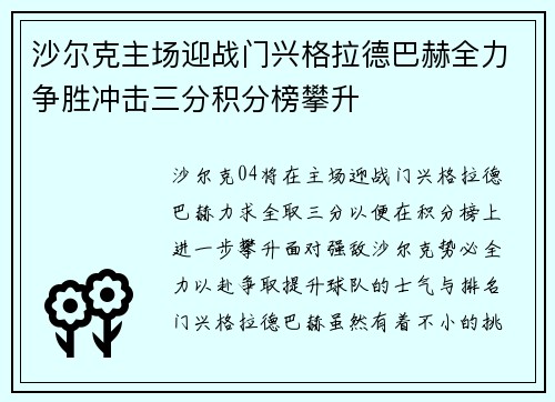 沙尔克主场迎战门兴格拉德巴赫全力争胜冲击三分积分榜攀升