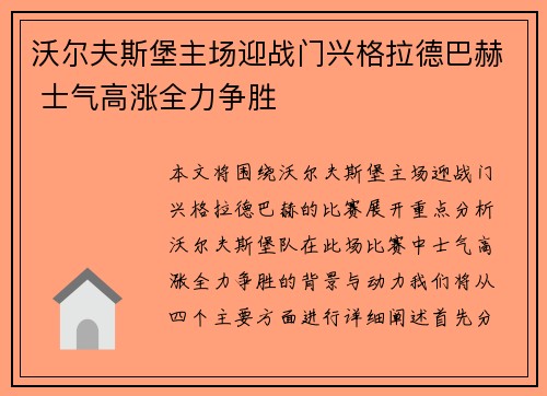 沃尔夫斯堡主场迎战门兴格拉德巴赫 士气高涨全力争胜