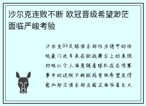 沙尔克连败不断 欧冠晋级希望渺茫 面临严峻考验