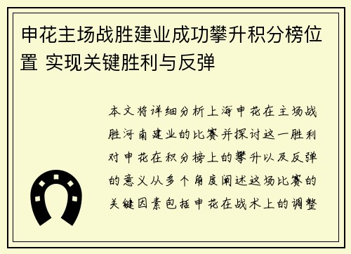 申花主场战胜建业成功攀升积分榜位置 实现关键胜利与反弹