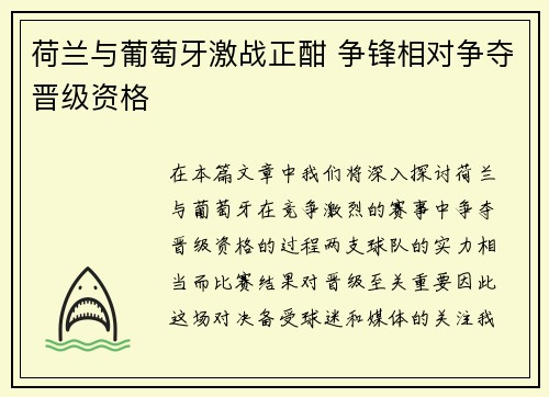 荷兰与葡萄牙激战正酣 争锋相对争夺晋级资格