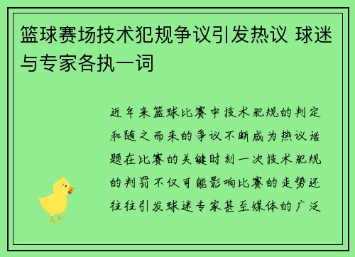篮球赛场技术犯规争议引发热议 球迷与专家各执一词