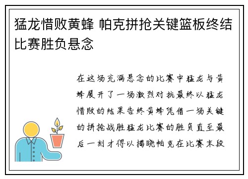 猛龙惜败黄蜂 帕克拼抢关键篮板终结比赛胜负悬念