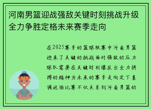 河南男篮迎战强敌关键时刻挑战升级全力争胜定格未来赛季走向